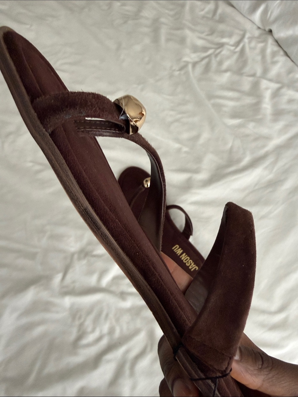 Jason Wu Brown Genuine Leather Suede Gold Toe Ring Flat Sandals Size 10 NWT - Picture 7 of 8